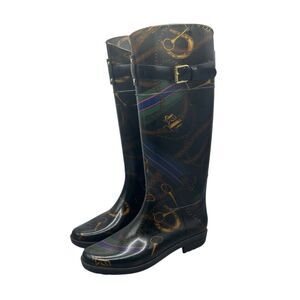 Lauren Ralph Lauren Black Rossalyn II PVC Rain Boots Size 7 Buckle Accent Prints